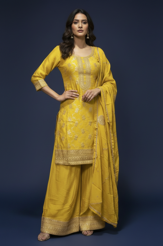 Yellow Banarasi Silk Embroidery Sharara Set