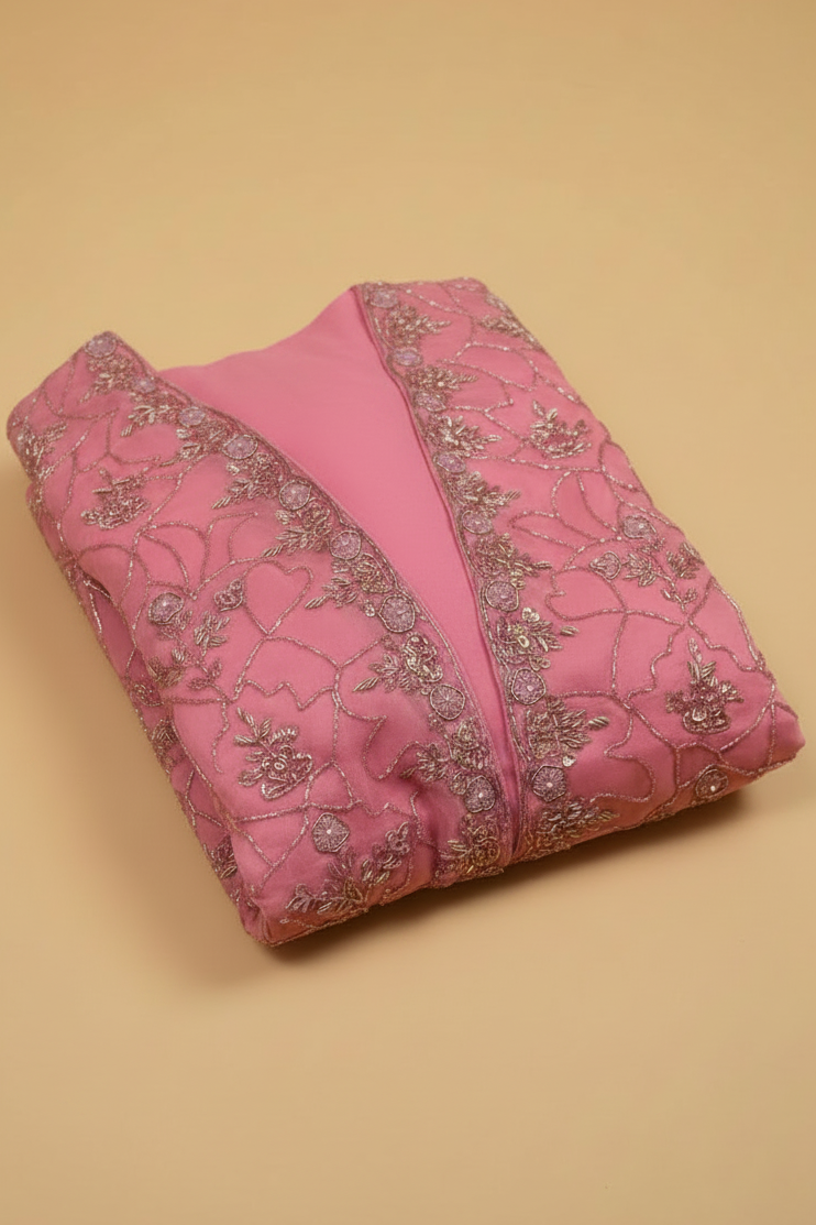 Pink Ready-to-Wear Saree with Embellished Jacket and Belt