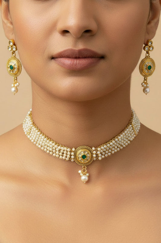 Green Stone Kundan Beads Choker Necklace & Earrings Set