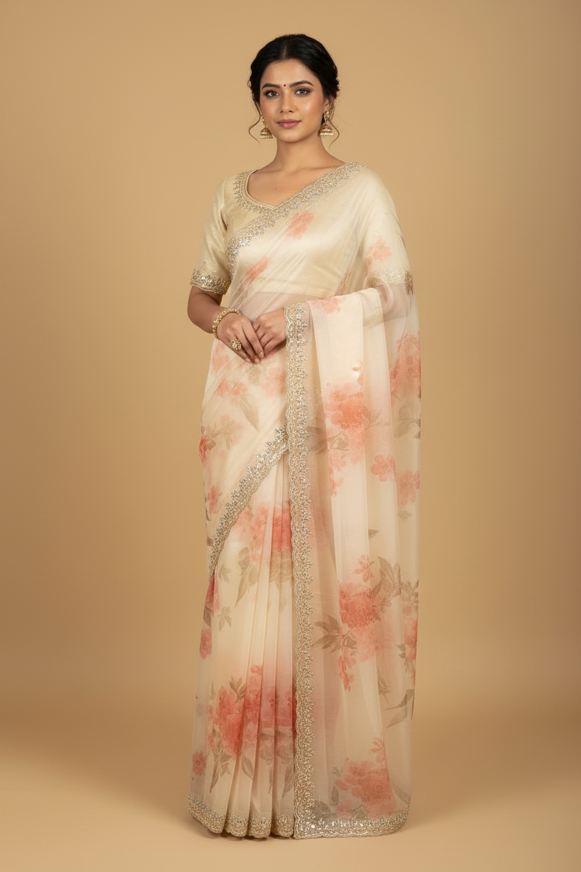 Cream Pure Floral Organza Saree with Stonework