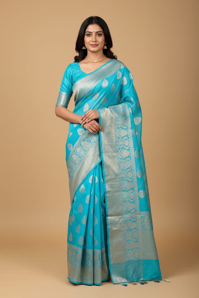 Blue Pure Banarasi Linen Silk Saree