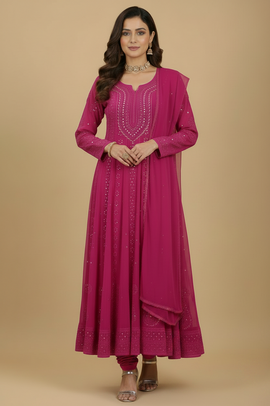 Hot Pink Pure Chikankari Georgette Anarkali Set