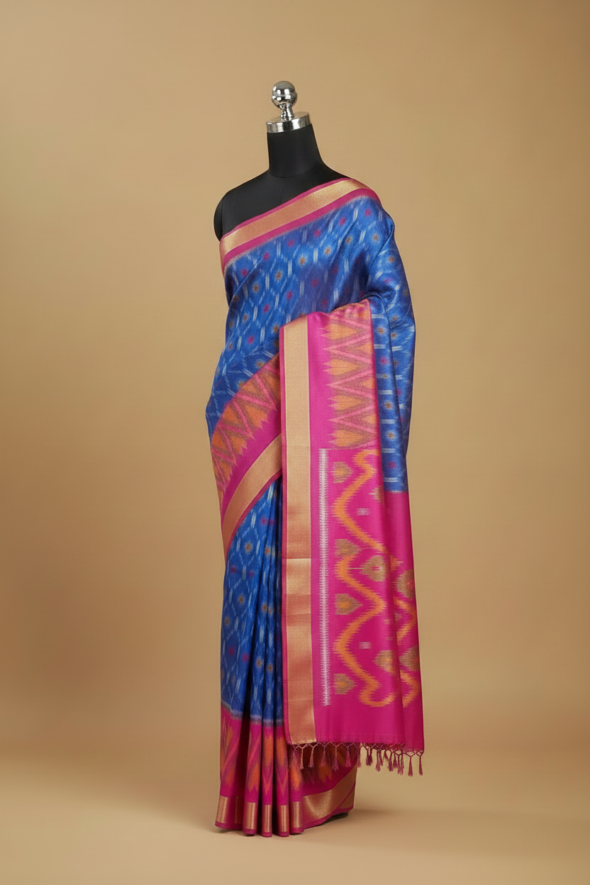 Royal Blue Pure Ikat Silk Saree with Magenta Pink Border