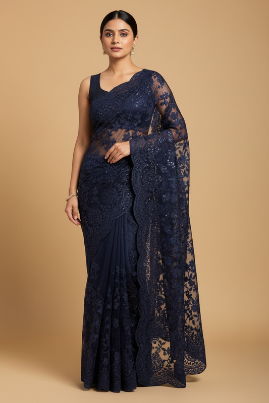 Navy Blue Net Stonework Embroidery Saree