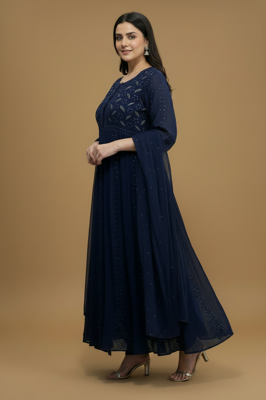 Navy Blue Pure Chikankari Georgette Anarkali Set with Mukaish Work