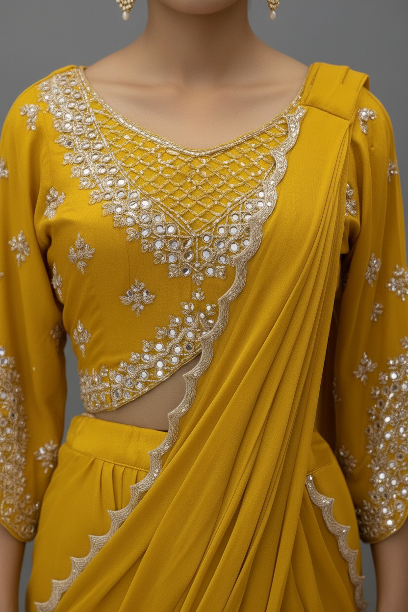 Mustard Yellow Ready-to-Wear Saree with Embellished Blouse