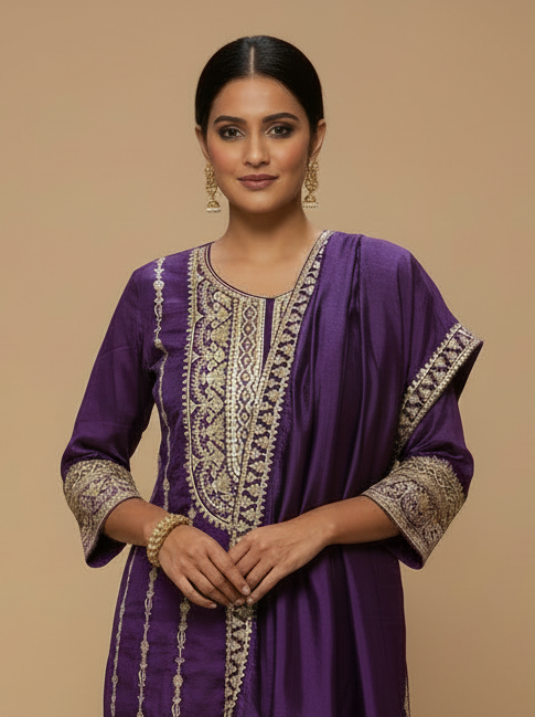 Purple Silk Sharara Set with Embroidery