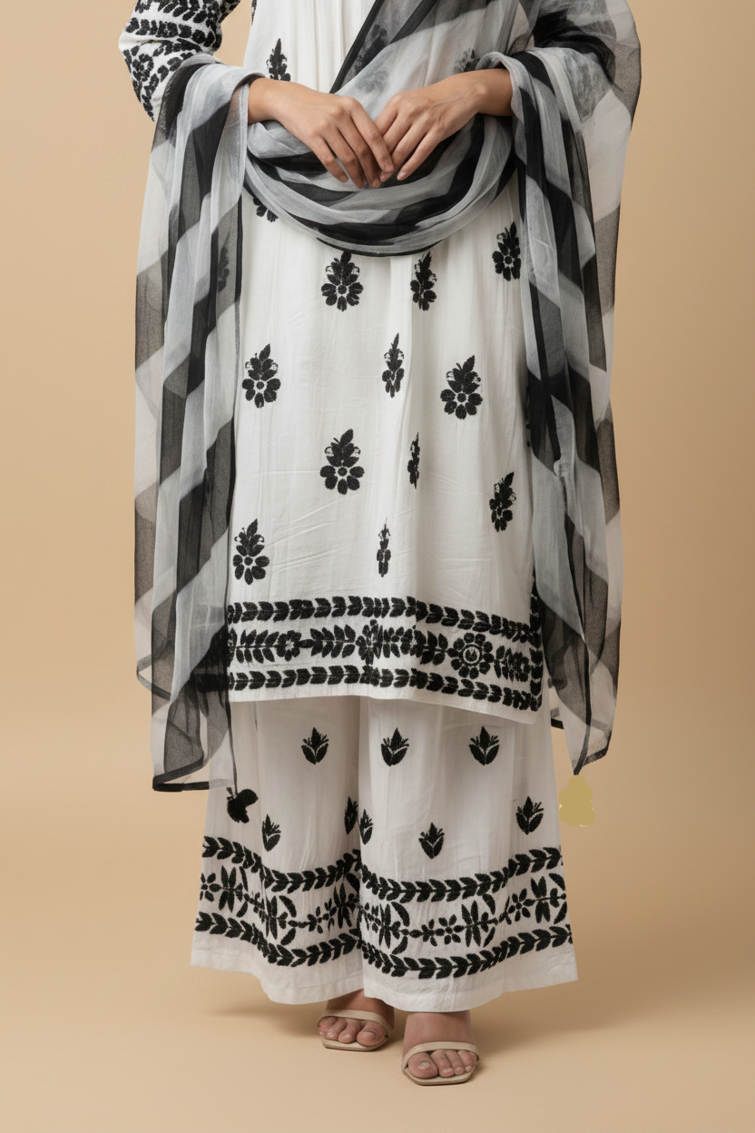 White Chikankari Soft Modal Salwar Set with Leheriya Chiffon Dupatta