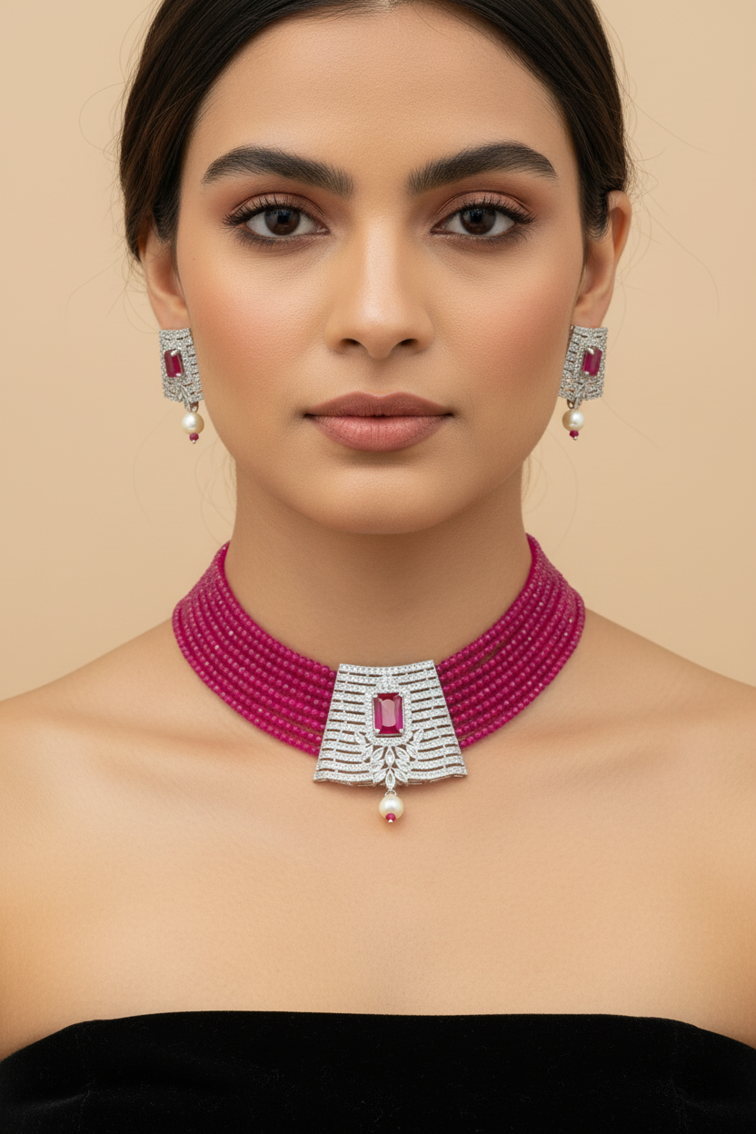 Pink AD & Beads Choker and Earrings Set