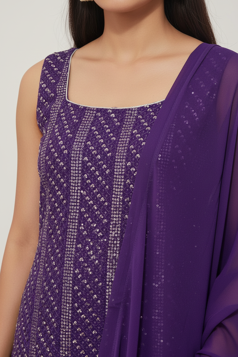 Purple Georgette Palazo Set with Sequin Embroidery