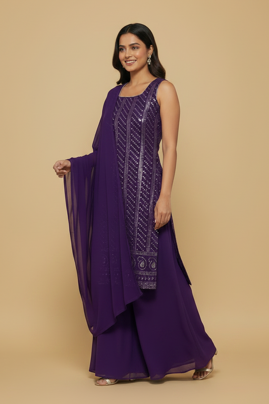 Purple Georgette Palazo Set with Sequin Embroidery
