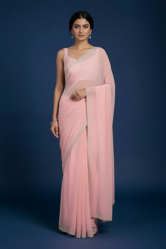 Pink Georgette Saree with Crystal Work