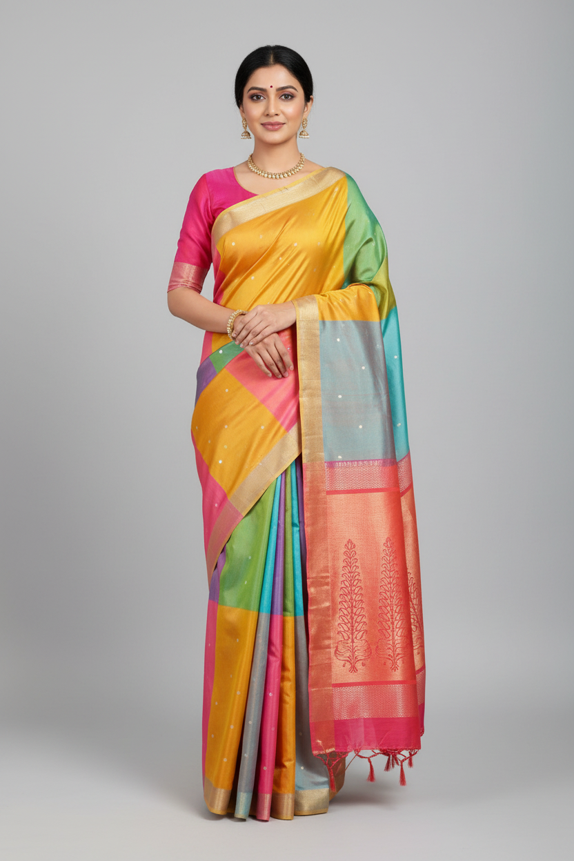 Peach Color-Block Pure Silk Saree