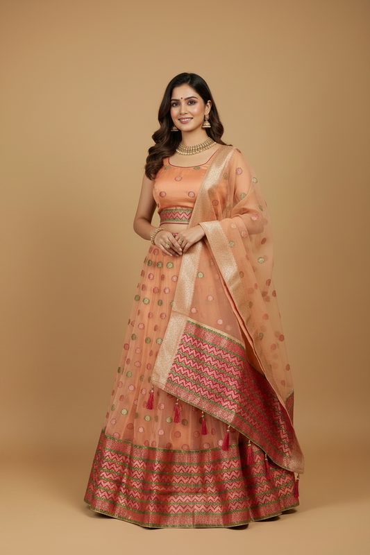 Peach Banarasi Organza Lehenga Set