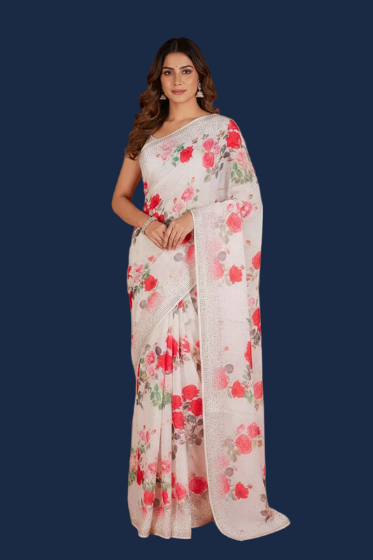 White Floral Satin Saree with Crystal Work