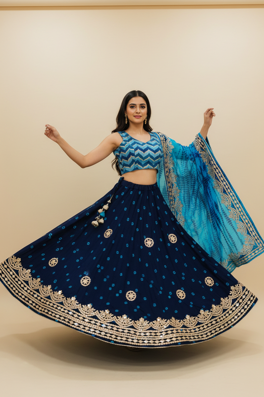 Blue Bandhani Silk Lehenga Set with Gota Embroidery