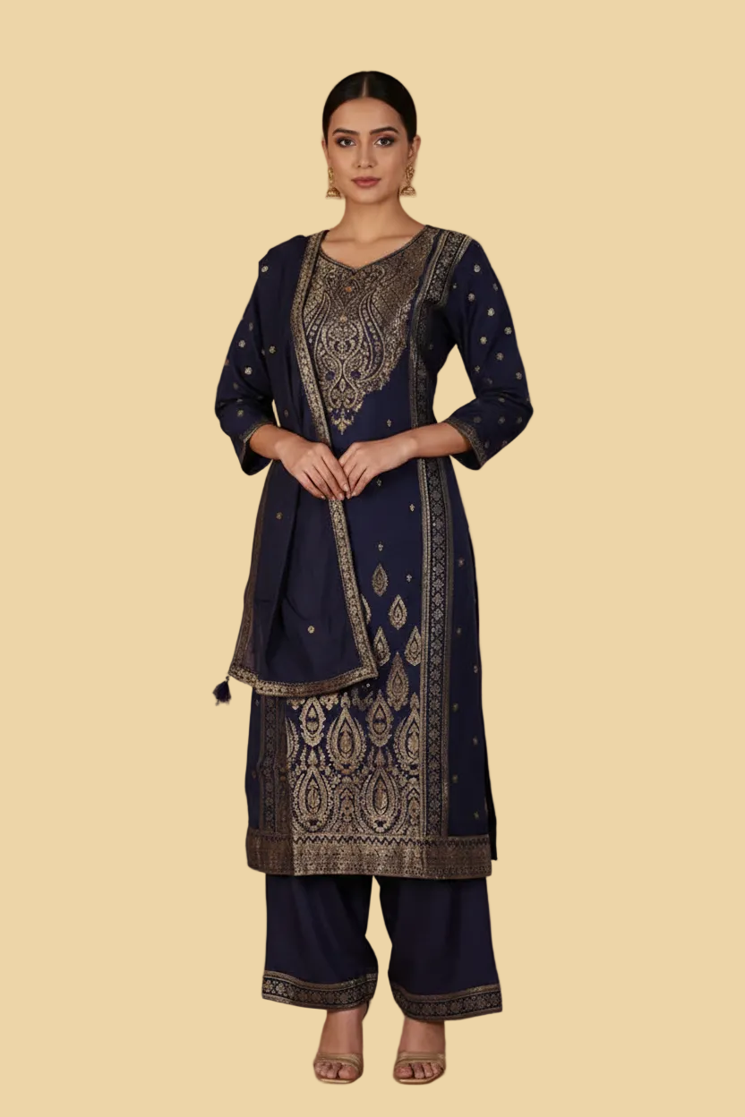 Navy Blue Cotton Silk Salwar Set with Gold Zari