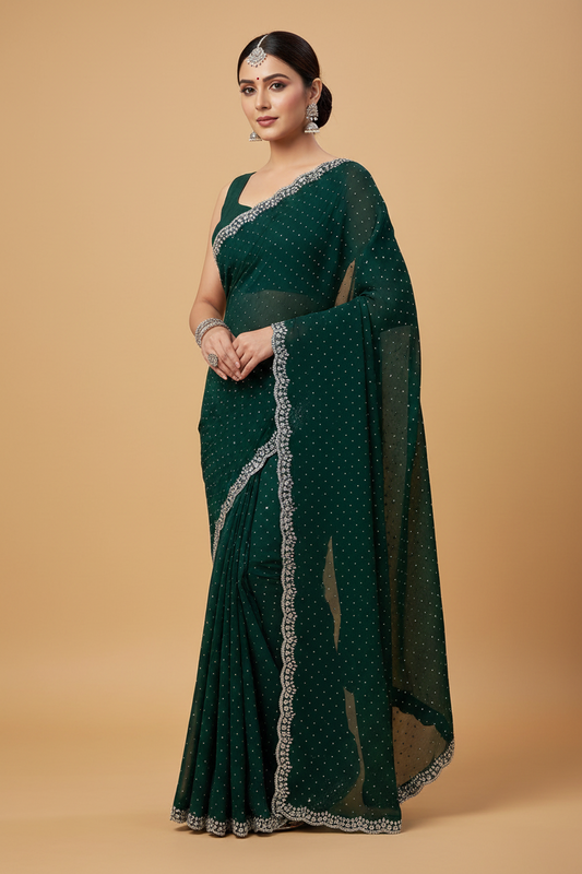 Green Georgette Saree with Crystal Work