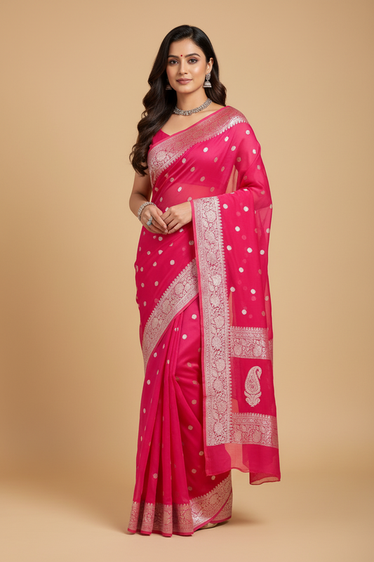 Hot Rani Pink Pure Banarasi Georgette Saree with Silver Zari