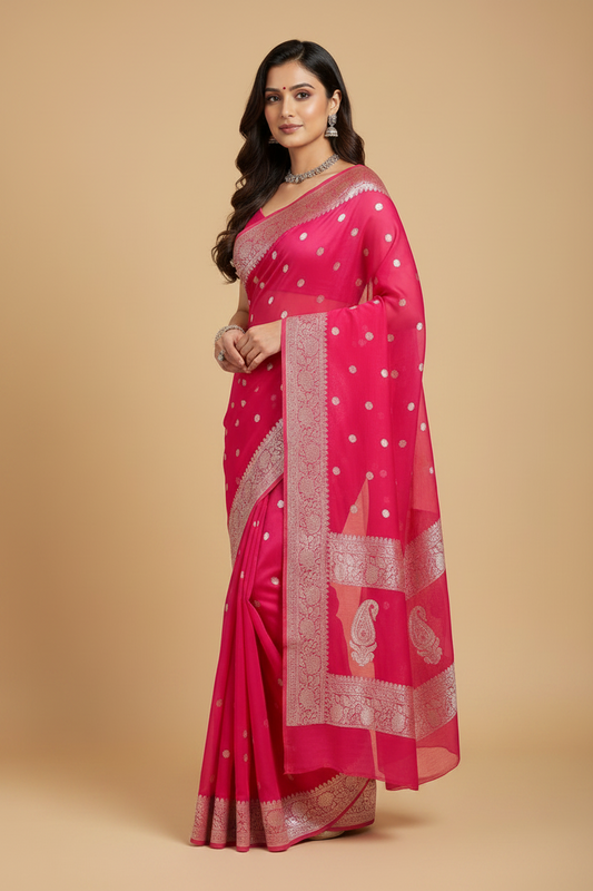 Hot Rani Pink Pure Banarasi Georgette Saree with Silver Zari