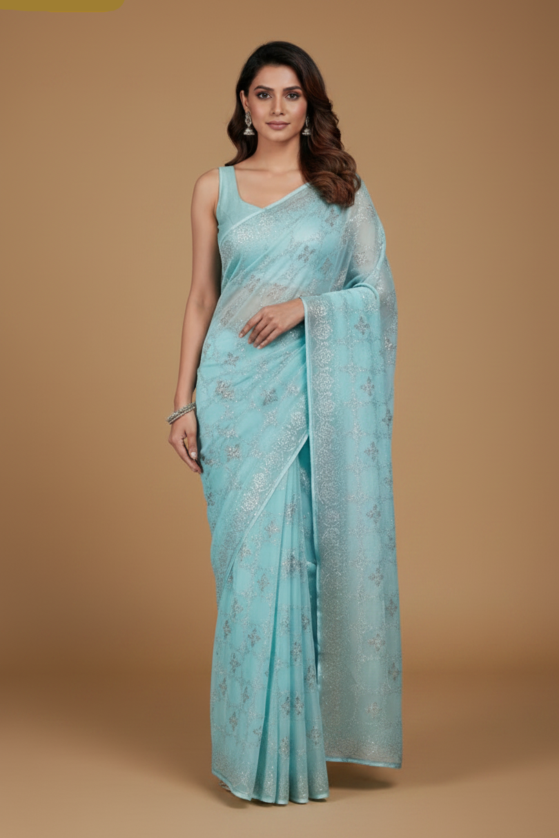 Blue Organza Saree with Crystal Work