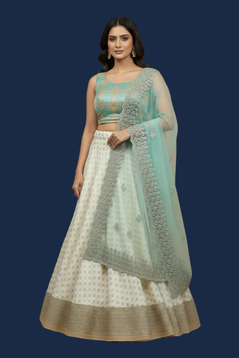 Off-White & Aqua Chanderi Silk Lehenga Set