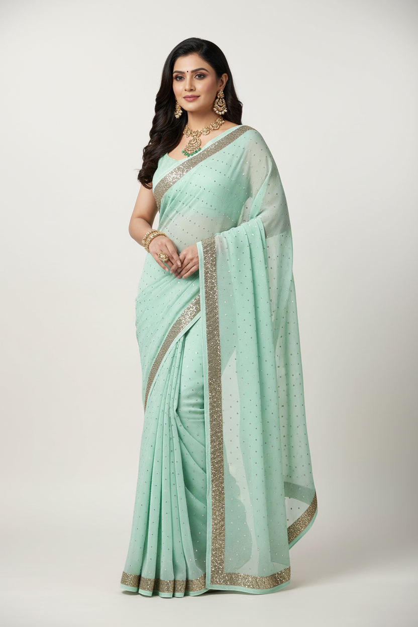 Mint Glass Tissue Saree with Stonework