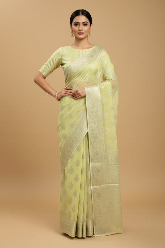 Yellow Banarasi Chiffon Saree