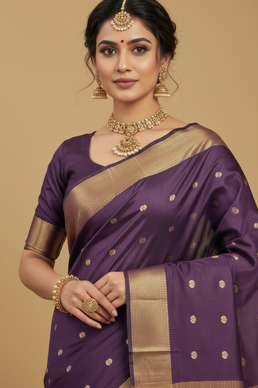 Deep Purple Viscose Silk Saree with Gold Border
