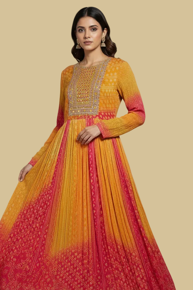Mustard & Pink Bandhani Silk Anarkali Set with Mirror Work