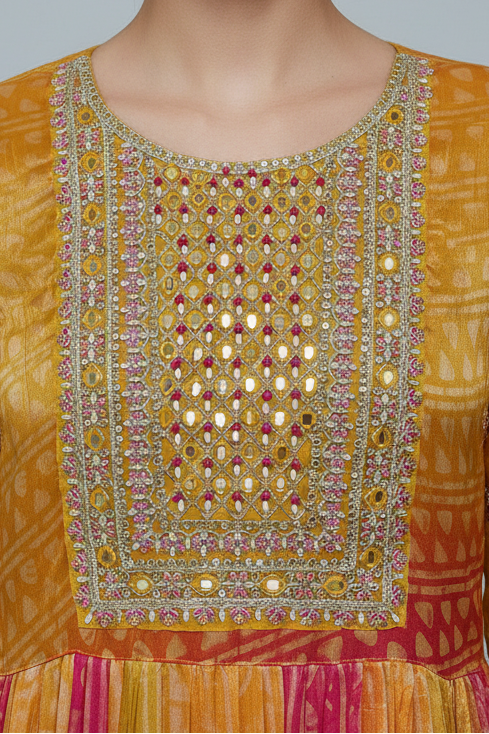 Mustard & Pink Bandhani Silk Anarkali Set with Mirror Work