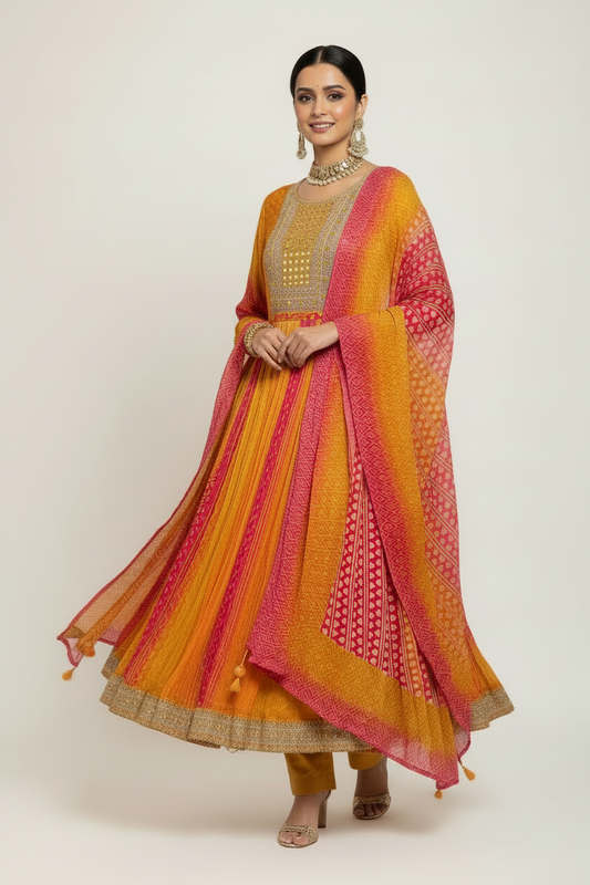 Mustard & Pink Bandhani Silk Anarkali Set with Mirror Work