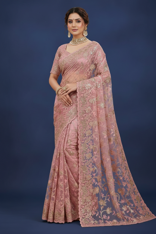 Pink Net Saree with Floral Sequin & Stone Embroidery