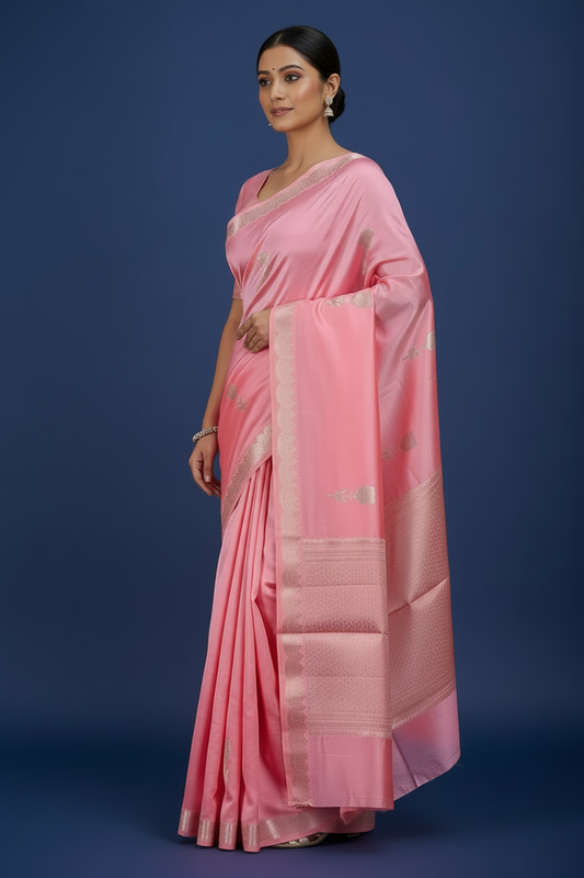 Pink Banarasi Katan Silk Saree with Silver Floral Butis