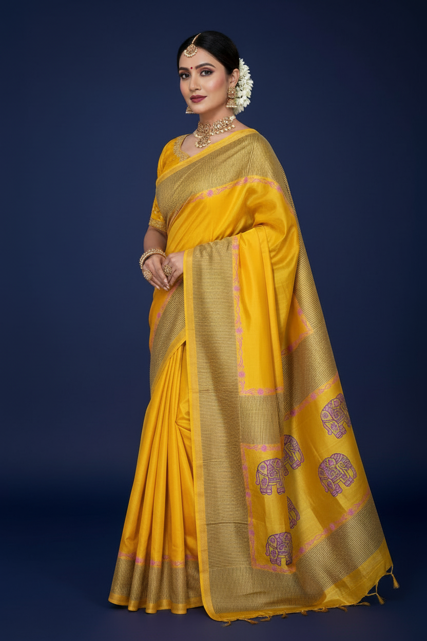 Yellow Pure Katan Silk Saree with Hand Block Print