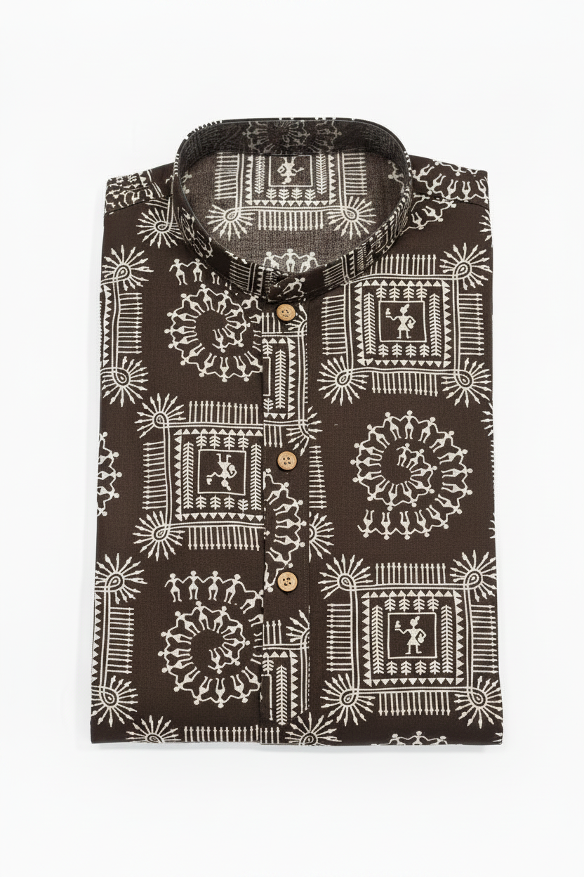 Men's Dark Brown Warli Print Cotton Kurta Pant Set