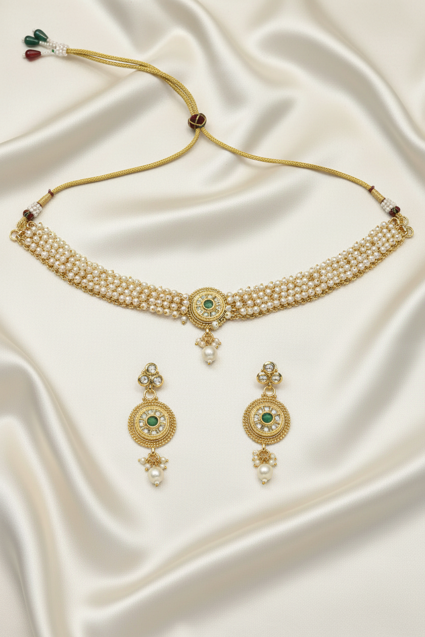Green Stone Kundan Beads Choker Necklace & Earrings Set