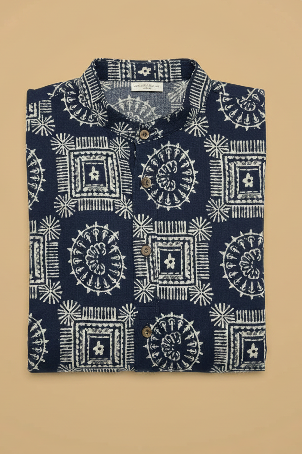 Men's Navy Blue Warli Print Cotton Kurta Pant Set