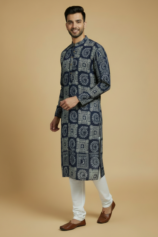 Men's Navy Blue Warli Print Cotton Kurta Pant Set