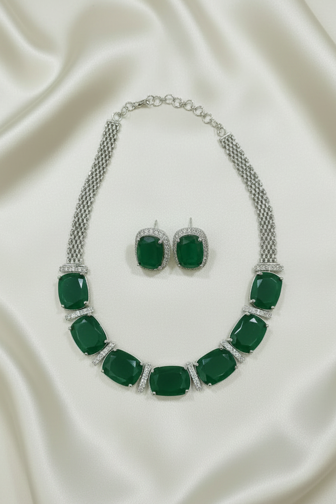 Emerald Green AD Rhodium Finish Necklace Set