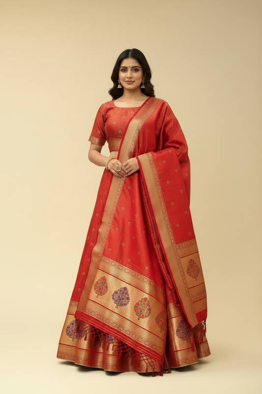 Rust Red Silk Tissue Lehenga Set