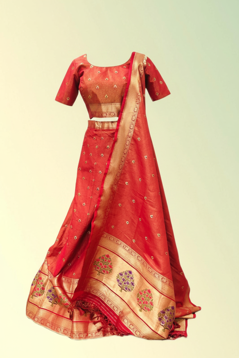 Rust Red Silk Tissue Lehenga Set