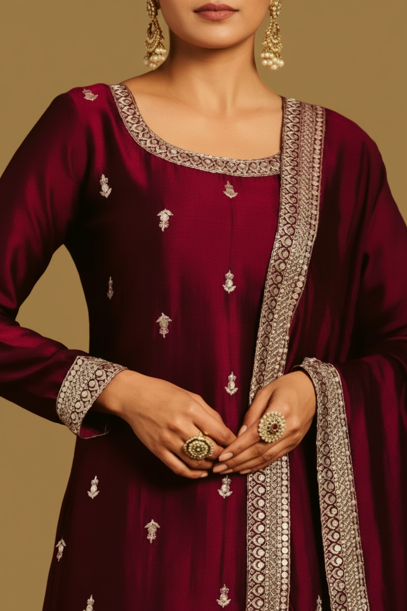 Maroon Wine Silk Sharara Set with Gold Zari Embroidery