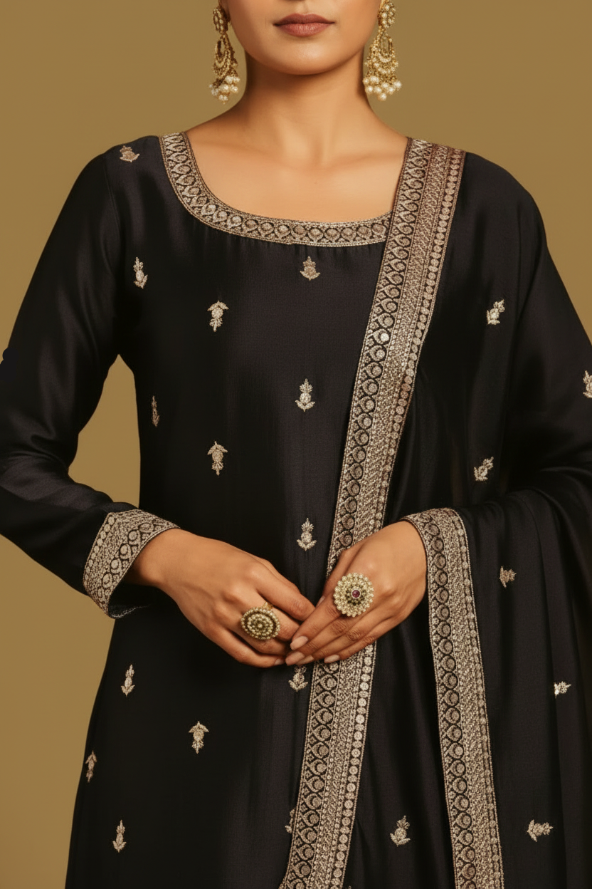 Black Silk Sharara Set with Gold Zari Embroidery