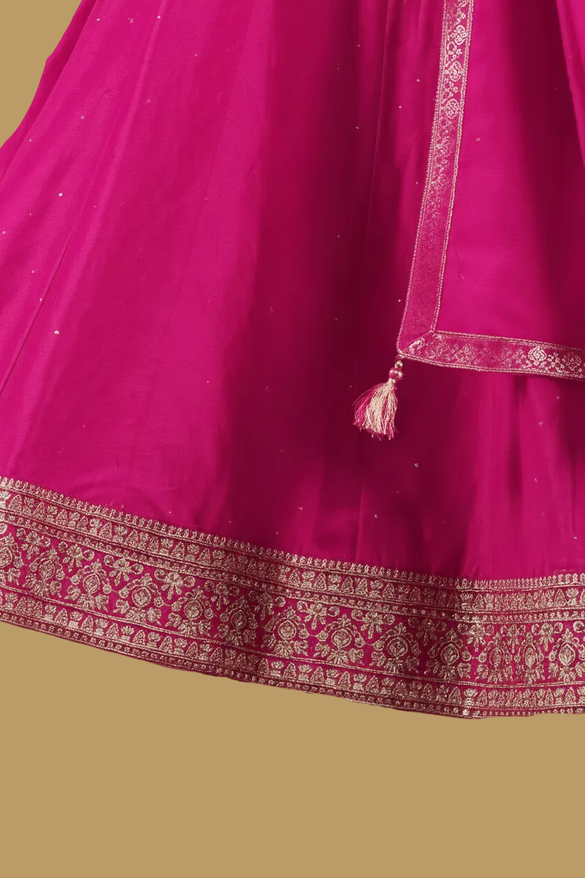 Hot Pink Silk Anarkali Set with Embroidery and Stonework