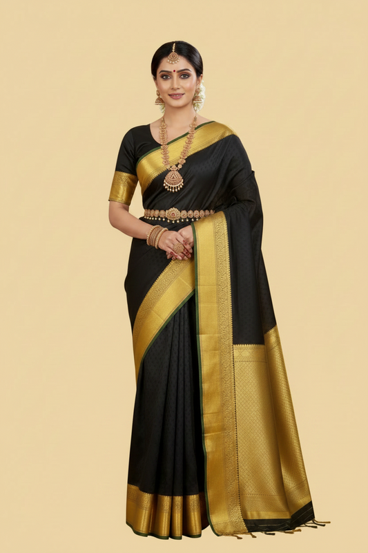 Black Pure Kanjeevaram Silk Saree with Gold Border & Pallu