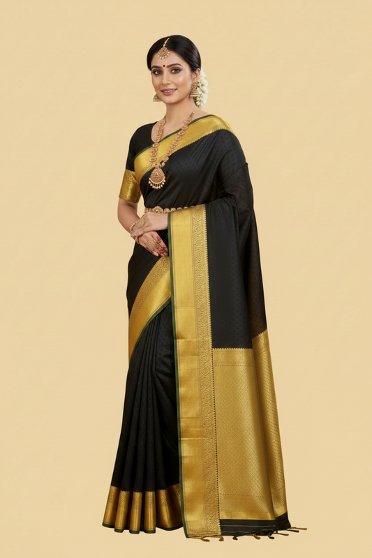 Black Pure Kanjeevaram Silk Saree with Gold Border & Pallu