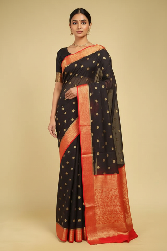 Black Banarasi Saree with Red Border Model