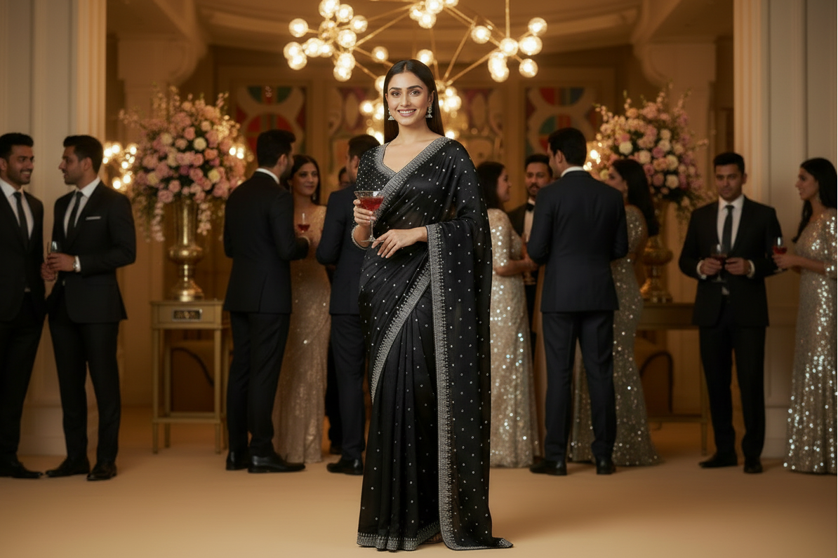 Black Satin Saree with Crystal Work