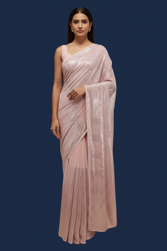 Lavender-Pink Sequin Georgette Saree